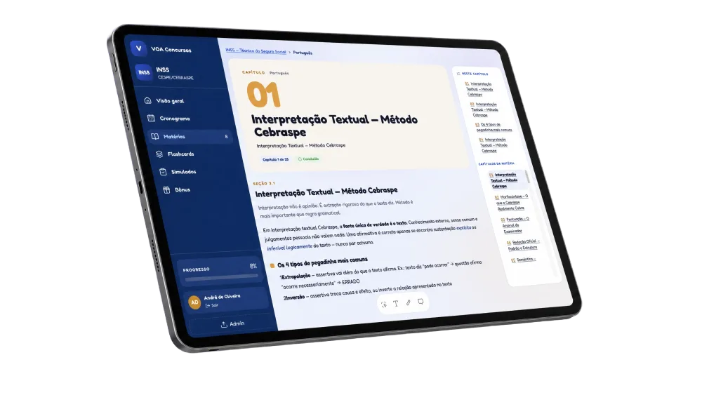 Tela real da plataforma VOA com conteúdo completo por matéria