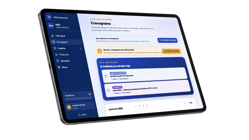 Tela real da plataforma VOA com cronograma personalizado