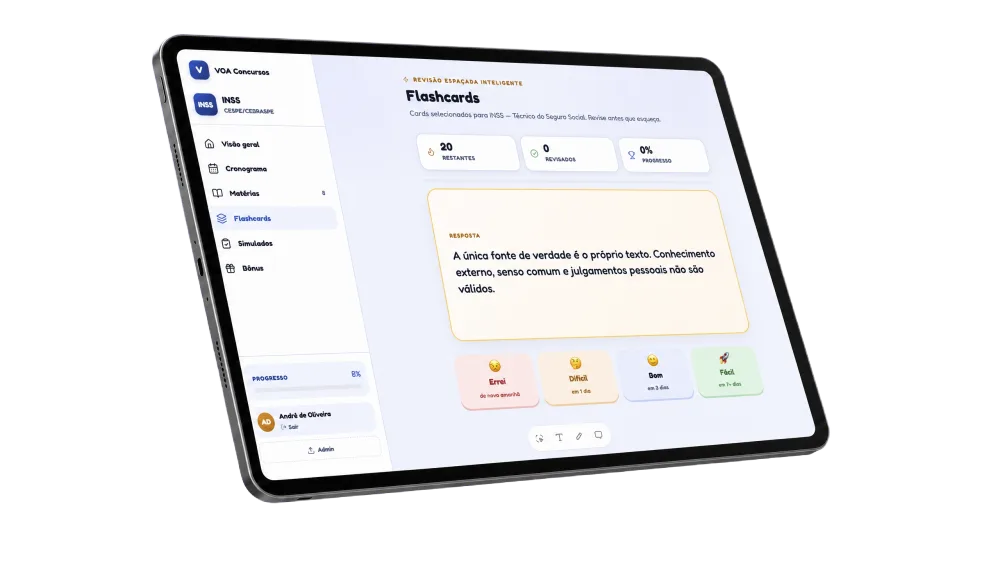 Tela real da plataforma VOA com flashcards e revisão espaçada